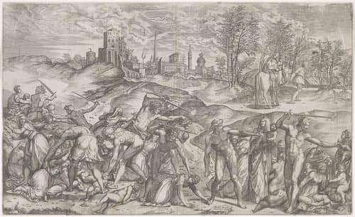 Kindermoord te Betlehem en de vlucht naar Egypte by Martino Rota