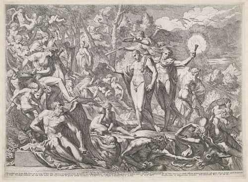 Jongeman arriveert op de Parnassus langs de weg van de Deugd by Pietro Testa