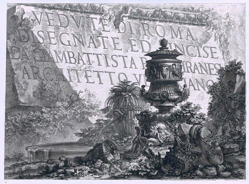 Titelprent met tekst op marmeren blok in landschap met ruïnes en fontein by Giovanni Battista Piranesi