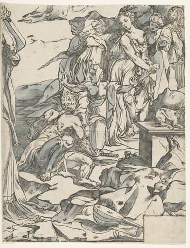 Mozes breekt de tafelen der wet (derde deel) by Andrea Andreani