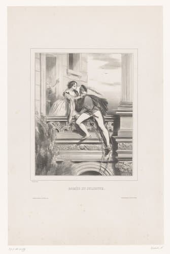 Romeo en Julia kussen elkaar op het balkon by Achille Devéria