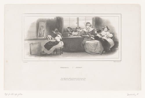 Moeder met meisjes die hun huiswerk doen by Achille Devéria
