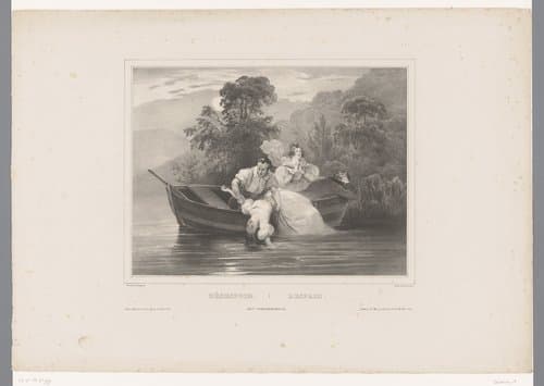 Drie mensen in een boot halen een verdronken meisje uit het water by Achille Devéria