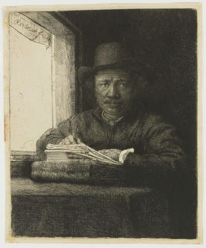 Zelfportret etsend bij een raam by Rembrandt van Rijn