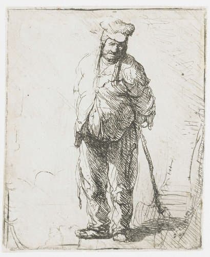 Ragged peasant with his hands behind him, holding a stick by Rembrandt van Rijn