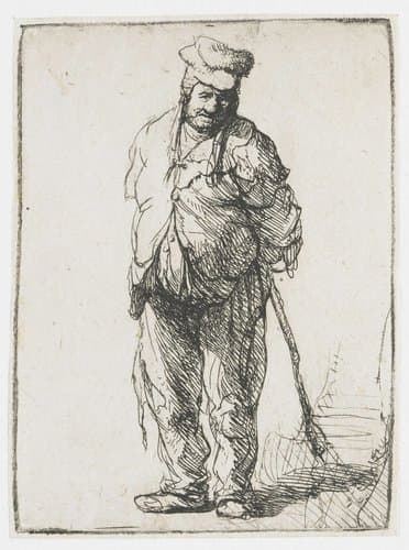 Armoedig geklede boer, de handen op de rug, een stok vasthoudend by Rembrandt van Rijn