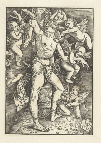 Sebastiaan wordt verlost van pijlen door engelen by Hans Baldung Grien