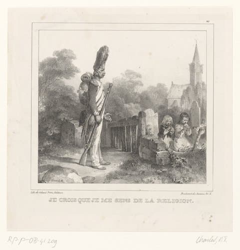 Soldaat ziet twee biddende kinderen op een kerkhof by Nicolas Toussaint Charlet