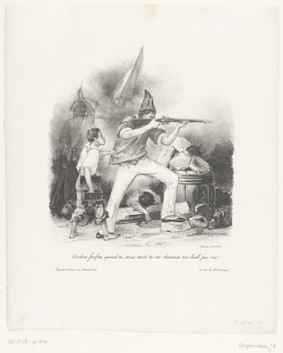 Krantenjongen met schietende soldaat op de barricaden by Jean-Etienne Chaponnière