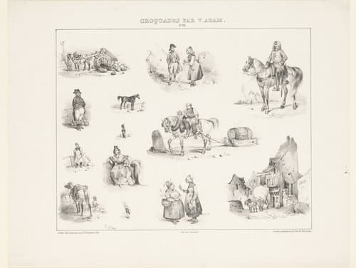 Dertien voorstellingen uit het dagelijks leven met diverse menselijke figuren en paarden by Victor Adam