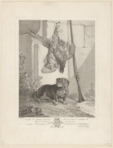 Jachttafereel met Pehr, een teckel by Pierre Alexandre Aveline