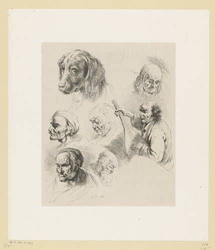 Compositie met zes hoofden van mannen en een hondenkop by Jean Jacques de Boissieu