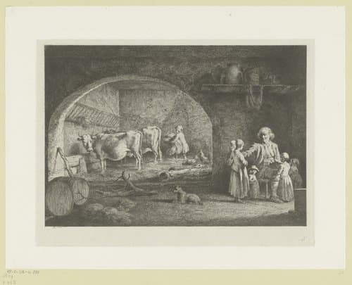 Stalinterieur met een man omringd door vijf kinderen by Jean Jacques de Boissieu