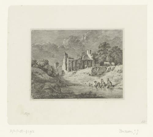 Landschap met een ruïne en drie wasvrouwen aan het water by Jean Jacques de Boissieu