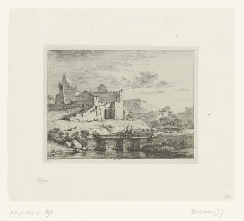 Landschap met ruïnes en figuren op een brug by Jean Jacques de Boissieu