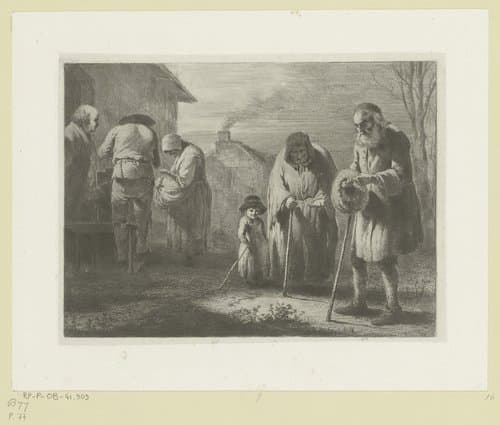 Oude man geeft een aalmoes aan een bedelares by Jean Jacques de Boissieu