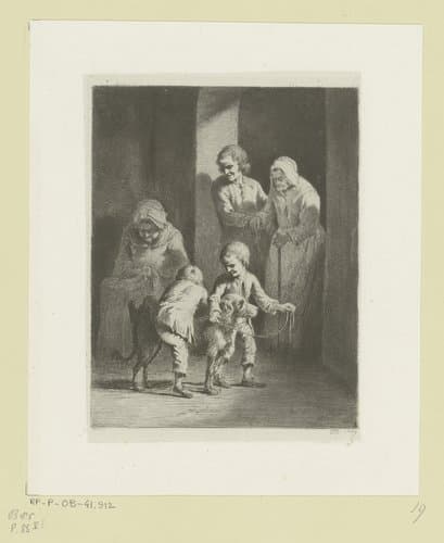 Kinderen met hond spelend, achter hen twee oude vrouwen en een man by Jean Jacques de Boissieu