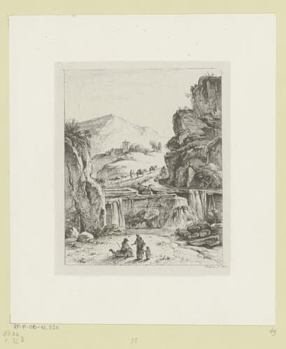 Berglandschap met figuren bij een steen en een man met twee ezels op een pad by Jean Jacques de Boissieu