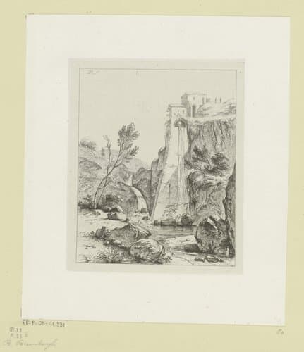 Gezicht op een waterval neervallend uit hooggelegen gebouw by Jean Jacques de Boissieu