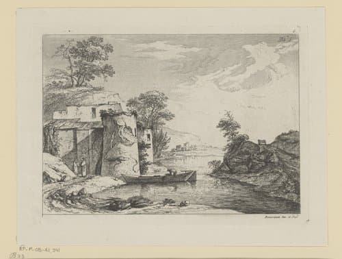 Rivierlandschap met een boot bij een toren by Jean Jacques de Boissieu