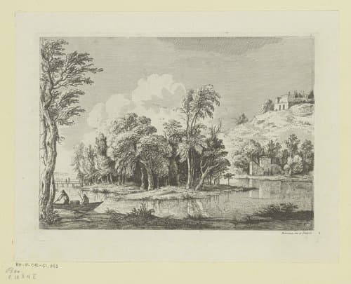 Landschap met een eiland met bomen en figuren in een boot by Jean Jacques de Boissieu