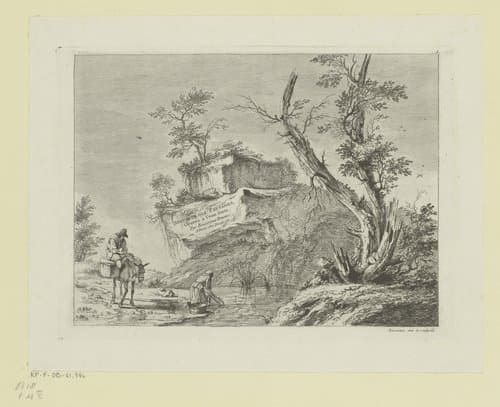 Titelprent met twee figuren bij een rots in het water by Jean Jacques de Boissieu