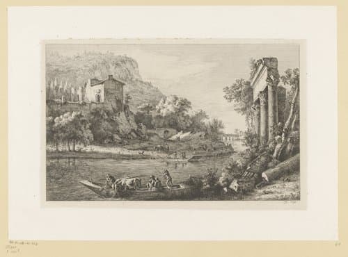 Rivierlandschap met overstekende figuren en ruïnes by Jean Jacques de Boissieu