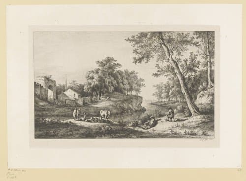 Figuren aan een rivier bij een vervallen poort by Jean Jacques de Boissieu