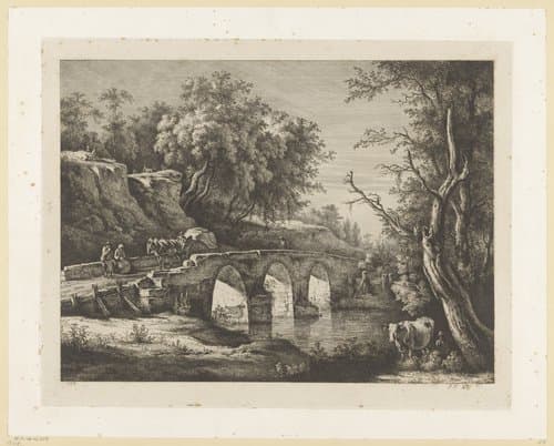 Landschap met figuren op een stenen brug by Jean Jacques de Boissieu