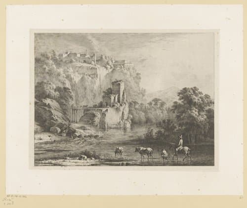 Rivierlandschap met een stad op een klif by Jean Jacques de Boissieu