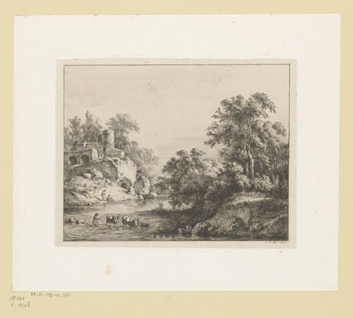 Doorwaadbare plaats met vissers en een herder met zijn kudde by Jean Jacques de Boissieu