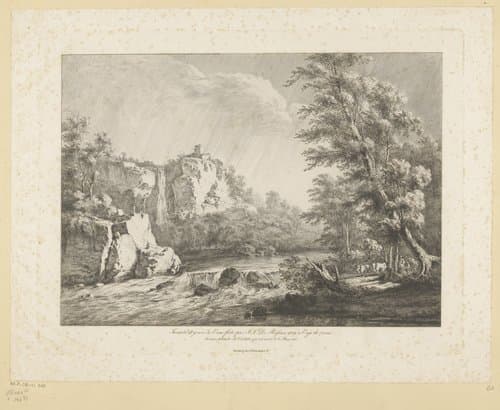 Rivierlandschap met een herder bij een ontwortelde berk by Jean Jacques de Boissieu