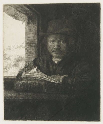 Self-portrait etching at a window by Rembrandt van Rijn