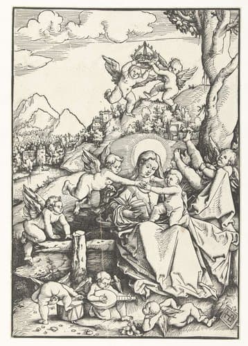 Maria met kind met acht engeltjes in een landschap by Hans Baldung Grien