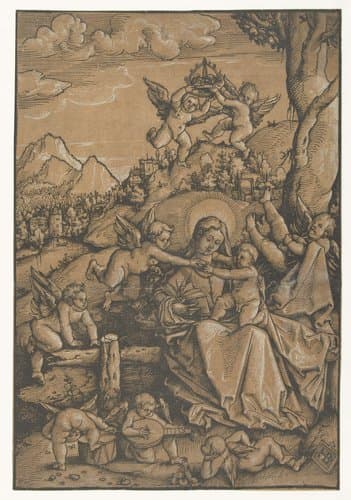 Maria met kind met acht engeltjes in een landschap by Hans Baldung Grien