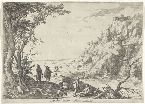 Landschap met Tobias en de engel by Guilliam van Nieulandt (II)