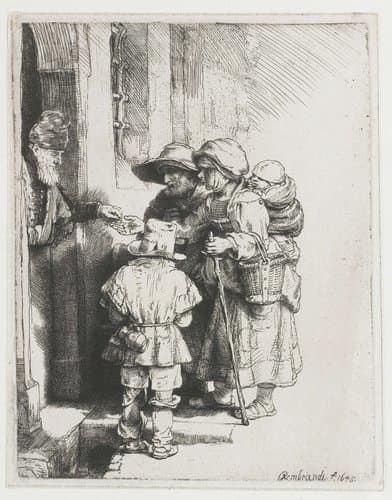 A blind hurdy-gurdy player and family receiving alms by Rembrandt van Rijn