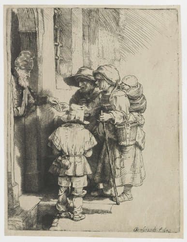 A blind hurdy-gurdy player and family receiving alms by Rembrandt van Rijn