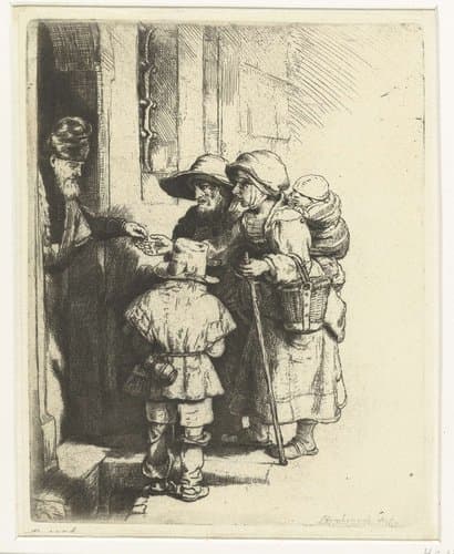 A blind hurdy-gurdy player and family receiving alms by Rembrandt van Rijn