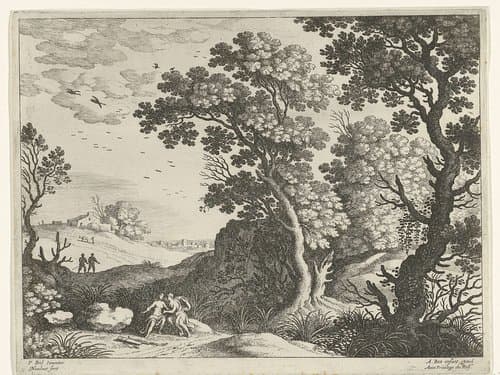 Landschap met Diana en een nimf by Guilliam van Nieulandt (II)