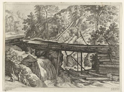 Berglandschap met houten aquaduct by Guilliam van Nieulandt (II)