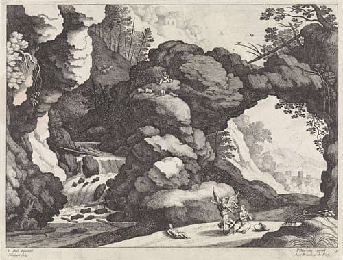 Landschap met Hagar en Ismaël by Guilliam van Nieulandt (II)