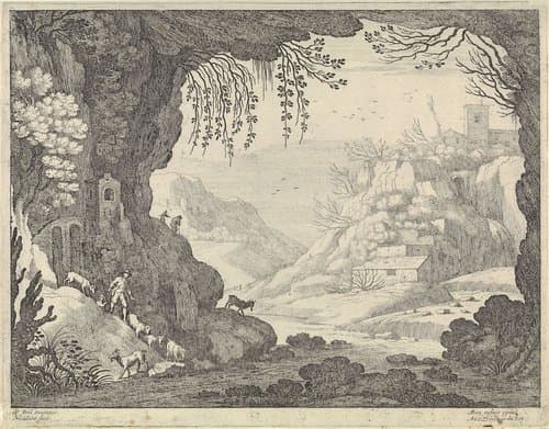Uitzicht op landschap vanuit grot by Guilliam van Nieulandt (II)