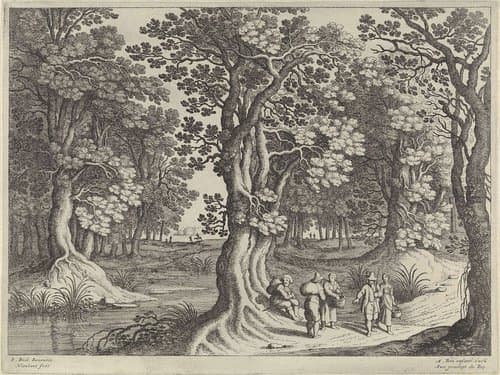 Boslandschap met vijf reizigers by Guilliam van Nieulandt (II)
