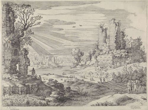 Italiaans landschap met Tobias en de engel by Guilliam van Nieulandt (II)