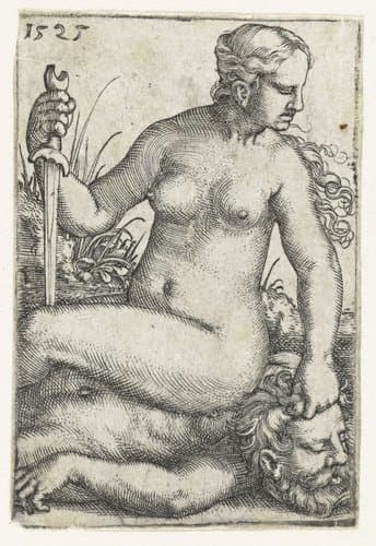 Judith met zwaard zittend op het onthoofde lichaam van Holofernes by Barthel Beham