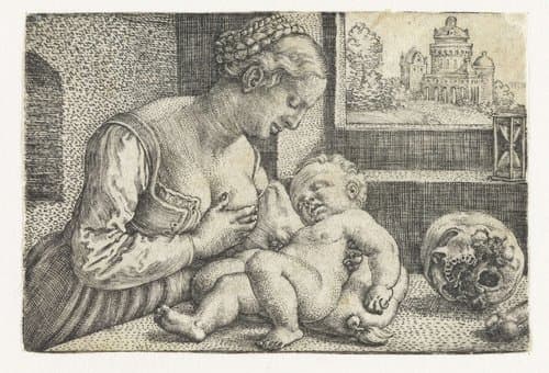 Maria met kind aan borst en schedel by Barthel Beham