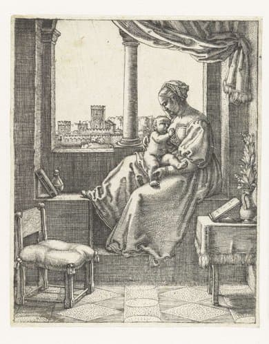 Madonna met kind aan borst zittend bij een raam by Barthel Beham