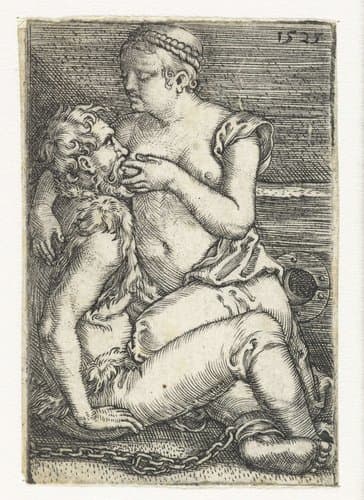 Pero zoogt de geketende Cimon in de gevangenis by Barthel Beham