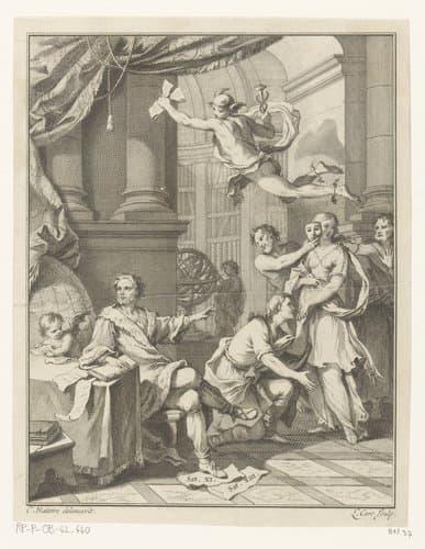 Schrijver gezeten aan een tafel, wijzend naar een groep mythologische figuren